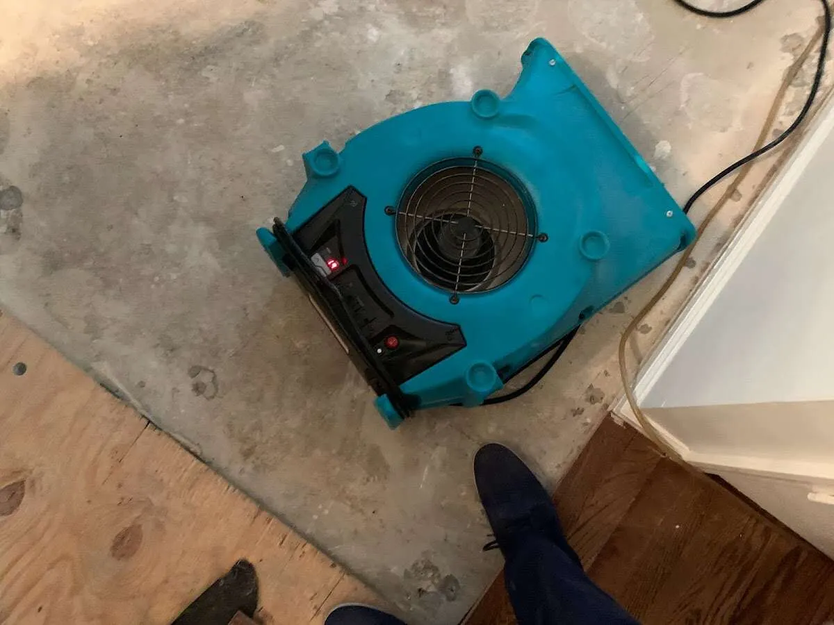 Air mover drying subfloor during Commercial Water Damage Restoration in DeRidder